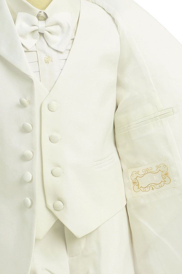Wholesale Ivory tuxedo suit for boys in Ivory color. Tuxedo comes with white shirt and white tie. Five piece set limited sizes available.
