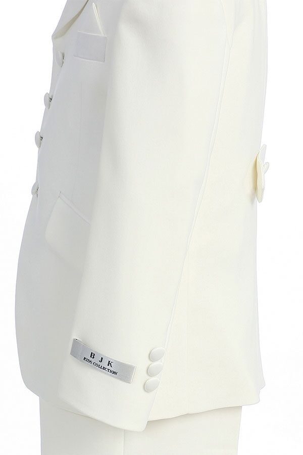 Wholesale Ivory tuxedo suit for boys in Ivory color. Tuxedo comes with white shirt and white tie. Five piece set limited sizes available.