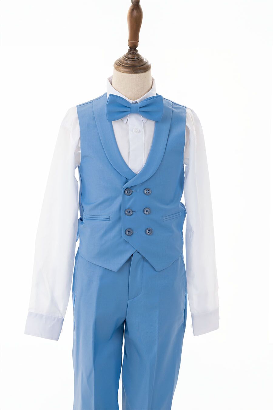 sky blue lapeled vest with blue pants and white shirt