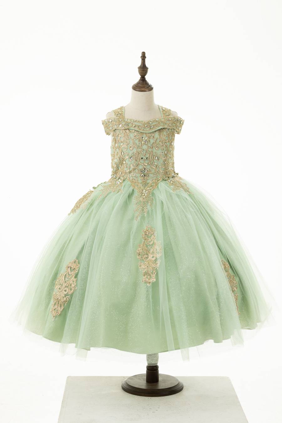sage green dress with gold embroidered bodice and dropdown shoulders