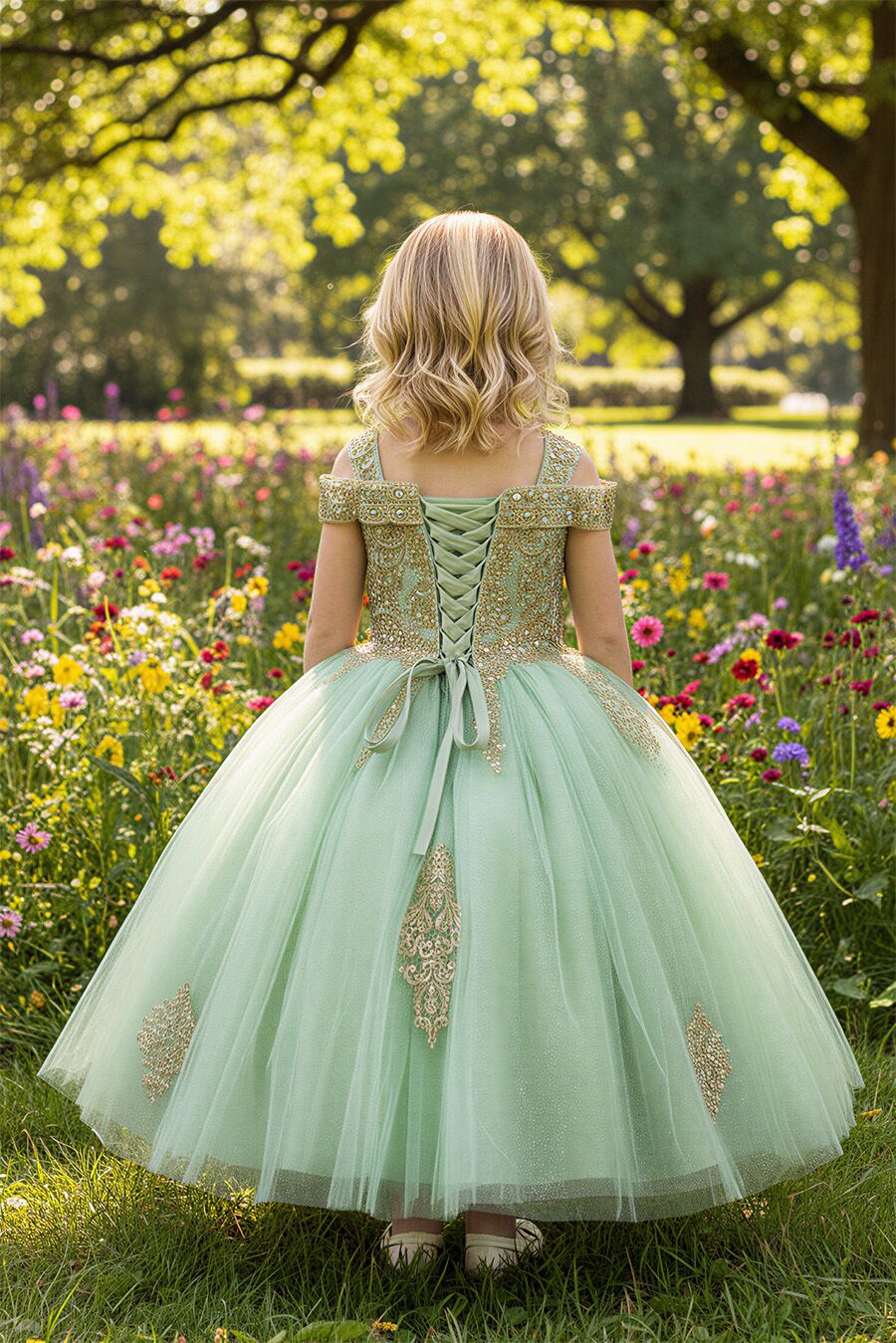 1026 Sage Green Dress with Gold Embroidery - Image 2