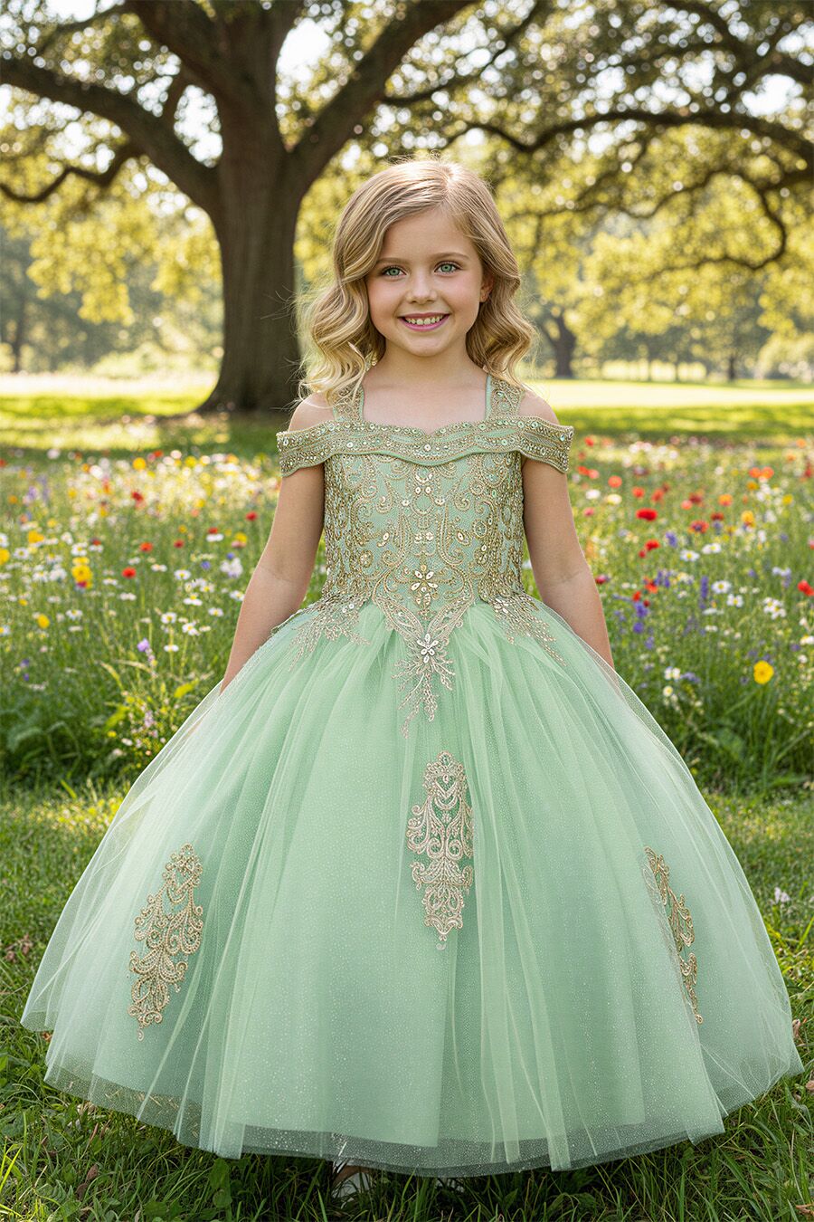 sage dress for girls with gold embroidery