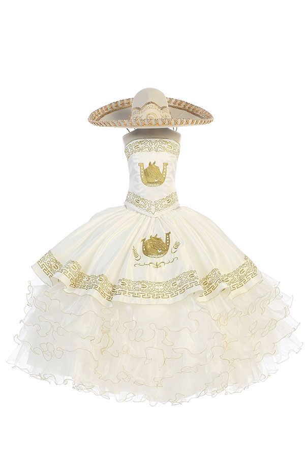 CH300 Ivory charro dress with gold embroidery