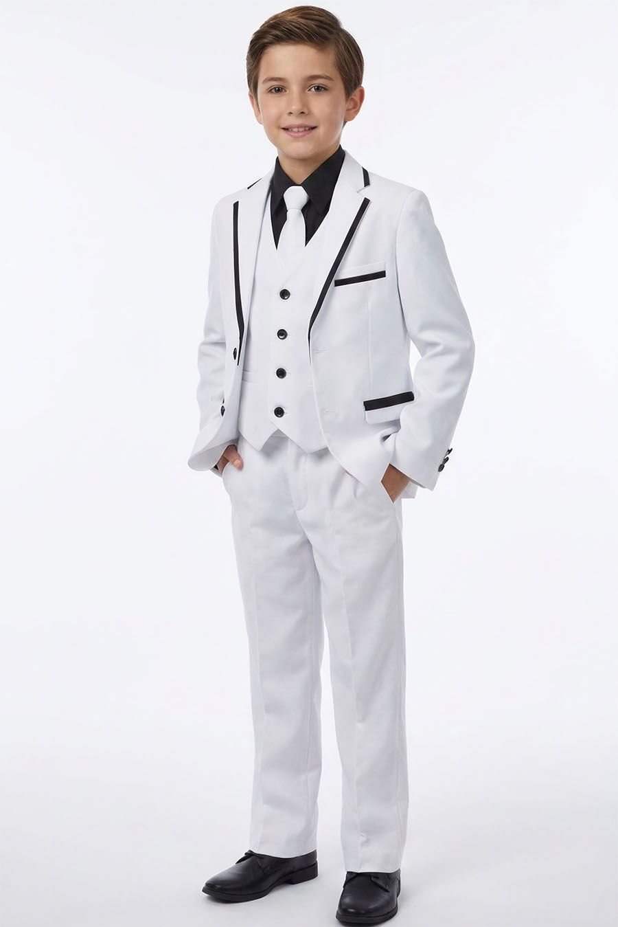 boys white suit with black trims, 5 piece set