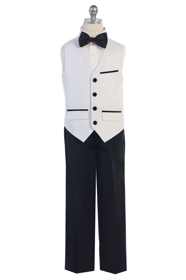 boys white and black suit set , white shirt, vest, and black pants
