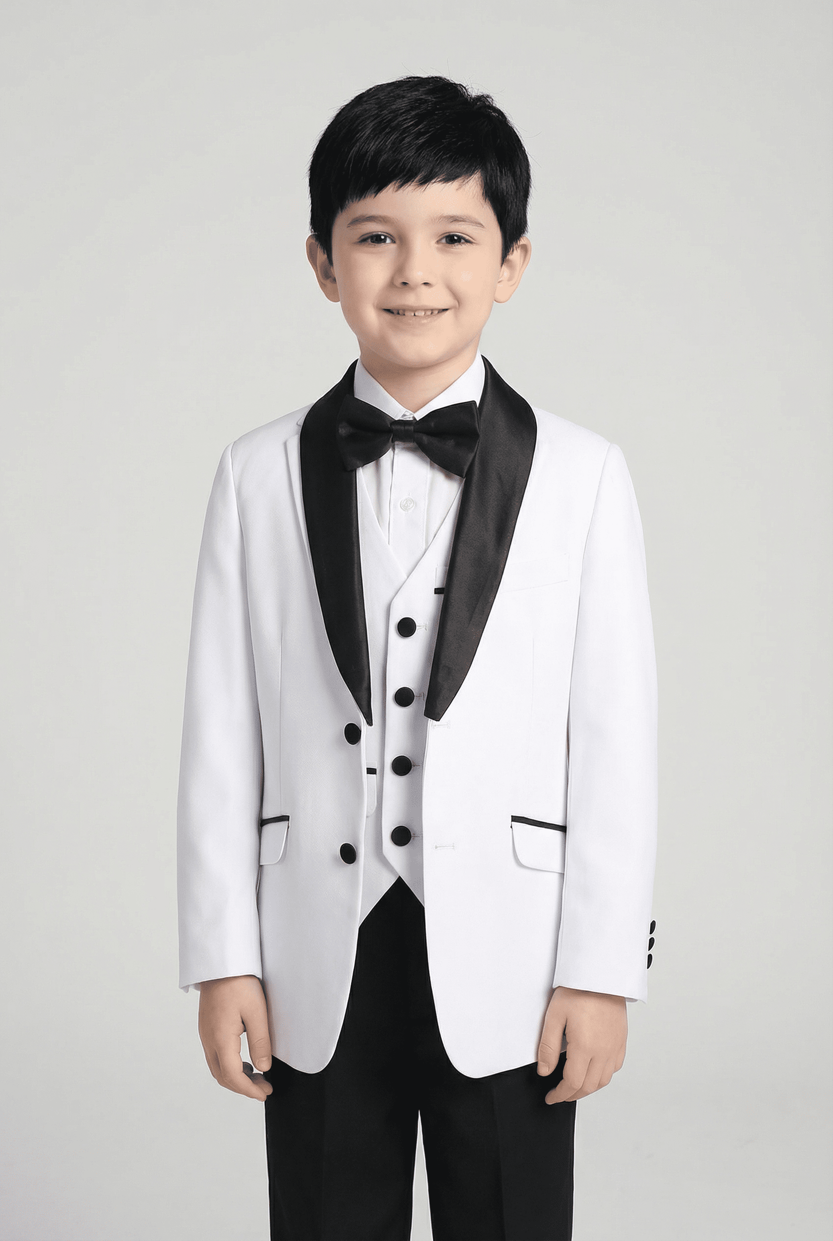 boy's white and black tuxedo suit