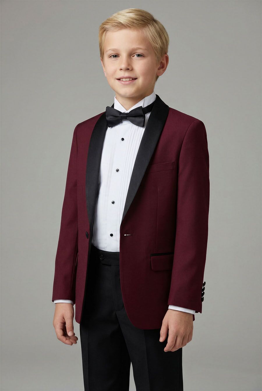 Y403-BU Burgundy tuxedo with black satin lapel - Image 2