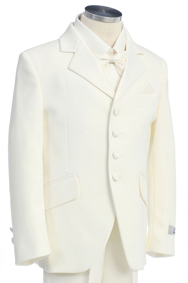 Wholesale Ivory tuxedo suit for boys in Ivory color. Tuxedo comes with white shirt and white tie. Five piece set limited sizes available.