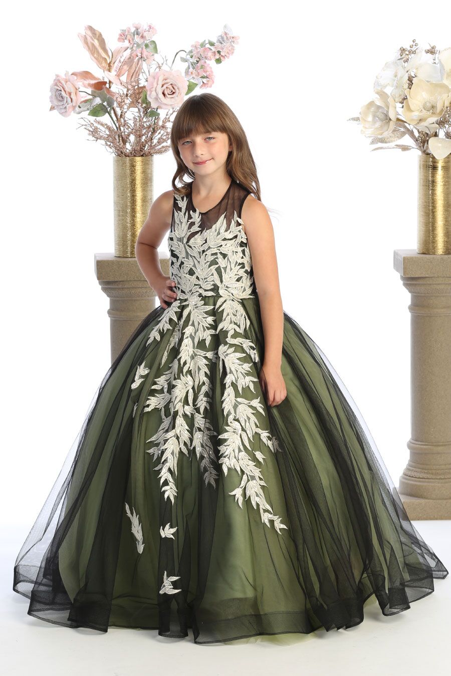 sage with black dress with train and champagne leaves and buttoned back closure