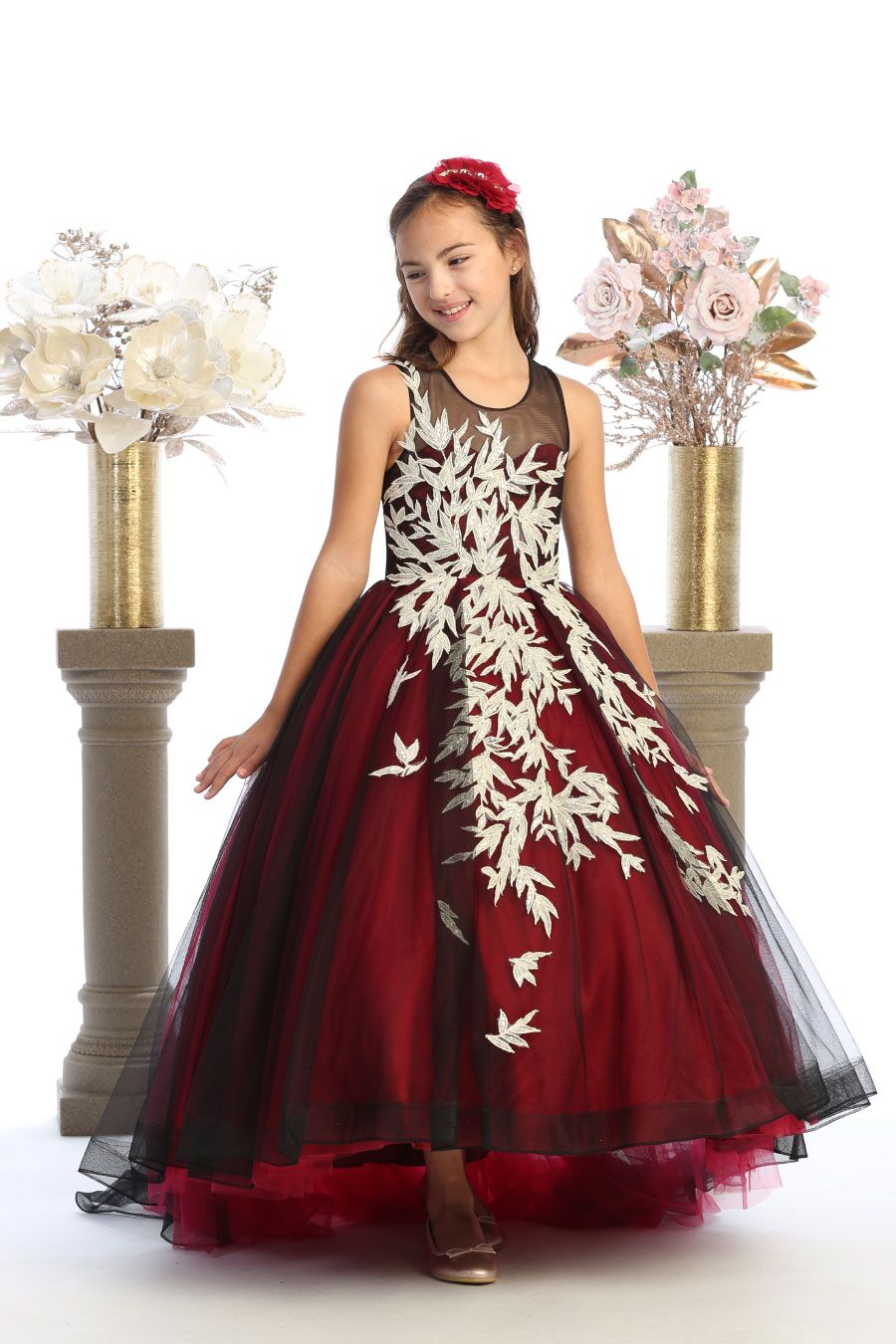 burgundy and black dress with champagne leaves and buttoned back