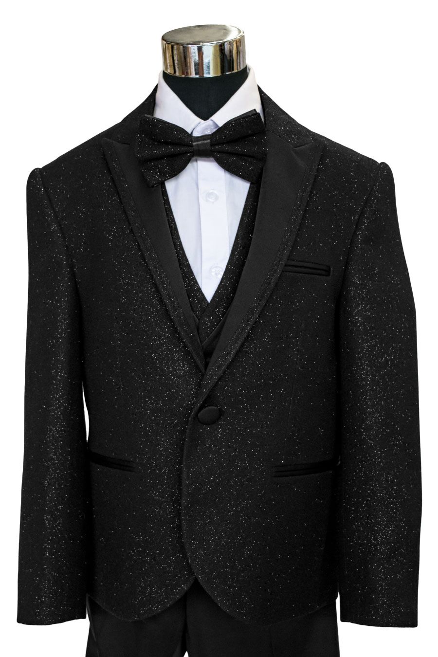 boy's black glitter suit with vest, white shirt, and blow-tie