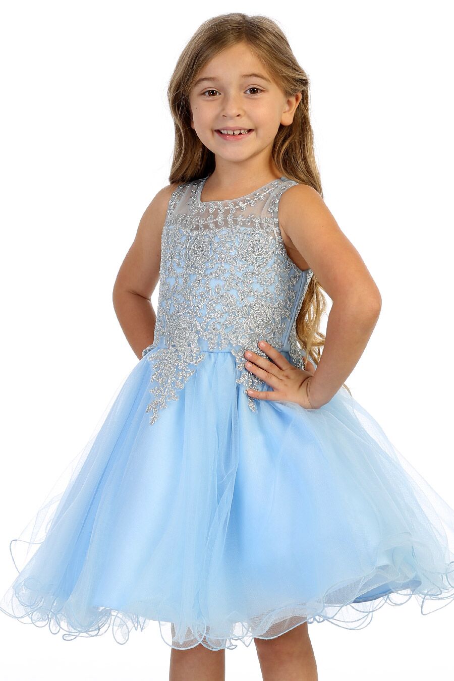baby size flower girl dress in baby blue with silver embroidery
