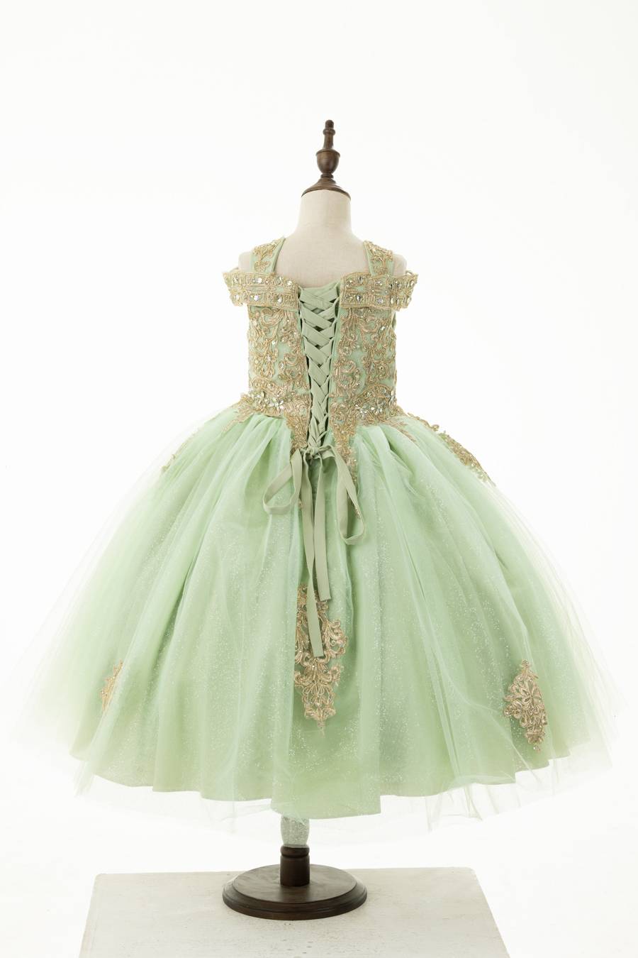 sage green dress with gold embroidered bodice and corset back