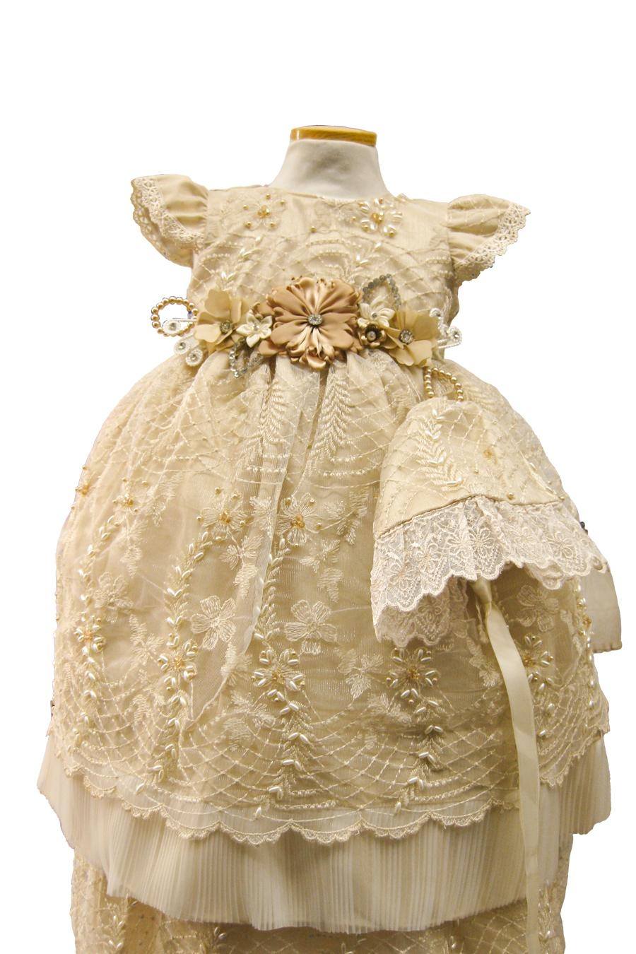 Girl's dark ivory baptism gown with embellishe pearl beading