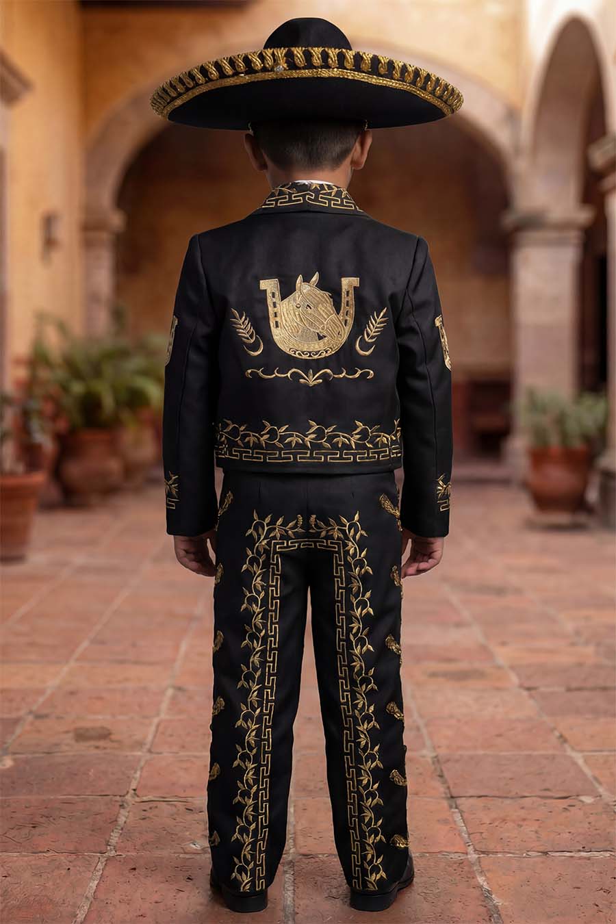 Boy wearing a black and gold charro mariachi suit with gold embroidered horseshoes and horse heads, gold metal buttons, matching sombrero, vest, white shirt, and bow tie.