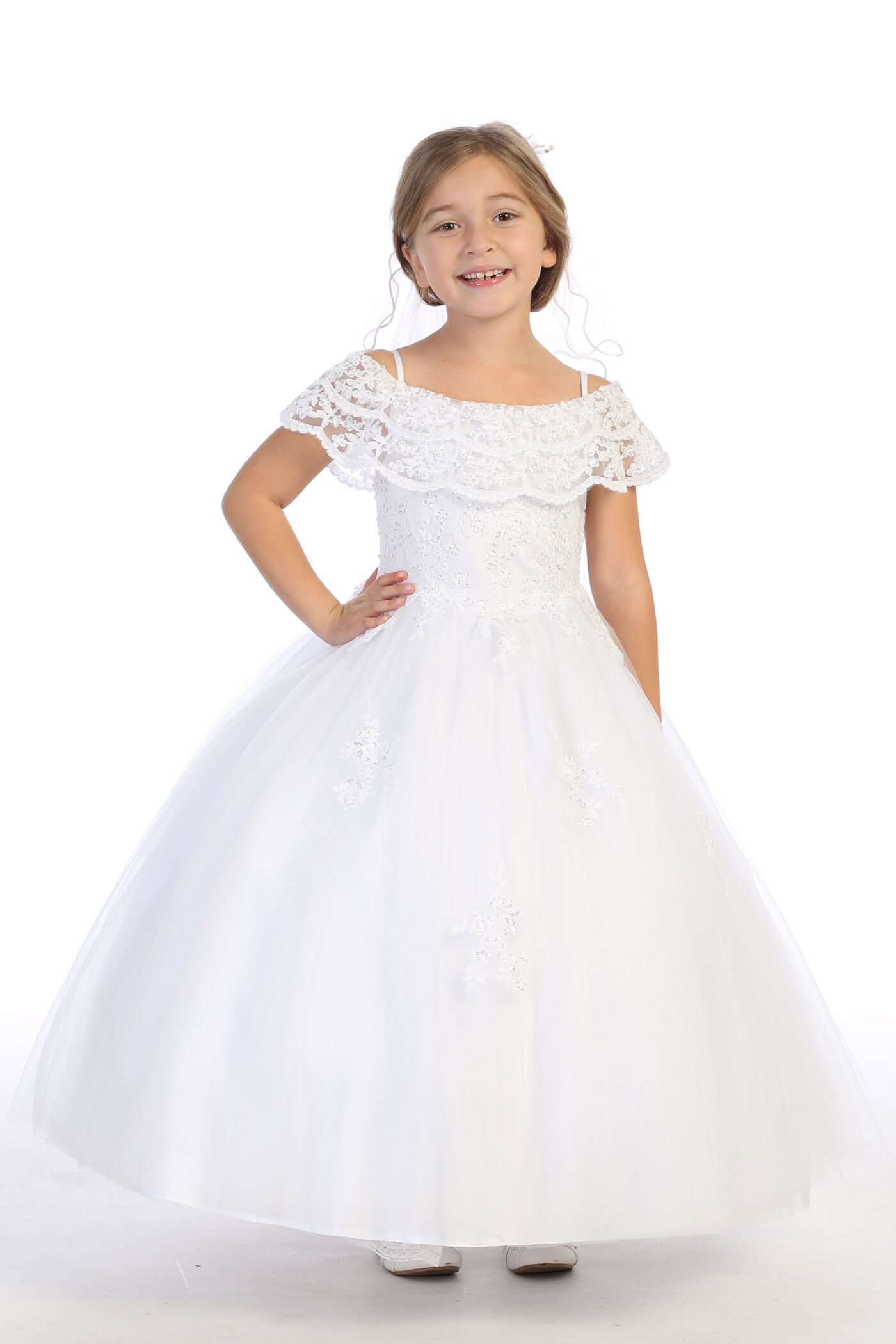 white dress with dropped shoulder double tier.