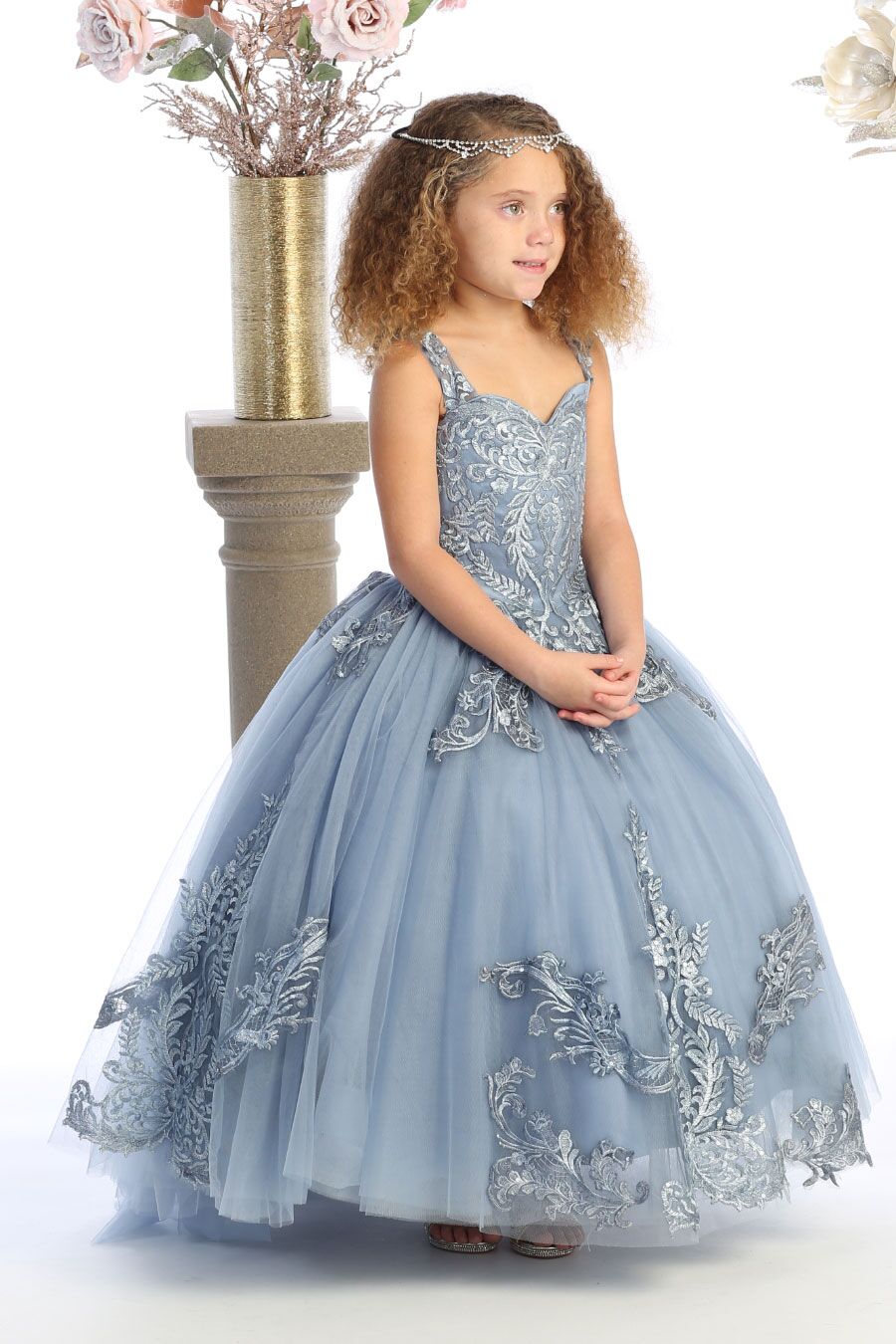 dusty blue ballgown for girls with train