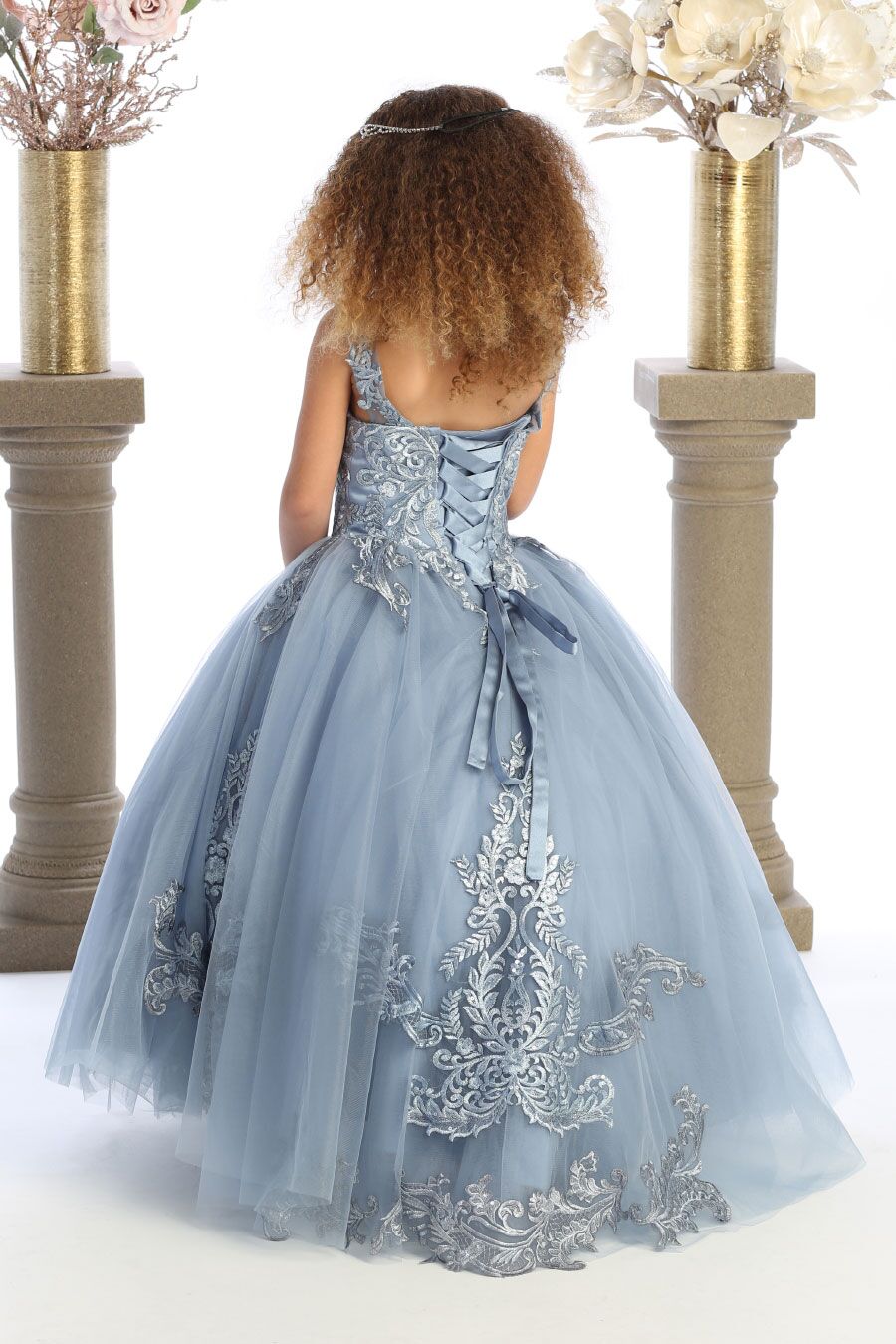 dusty blue ballgown for girls with train and corset back