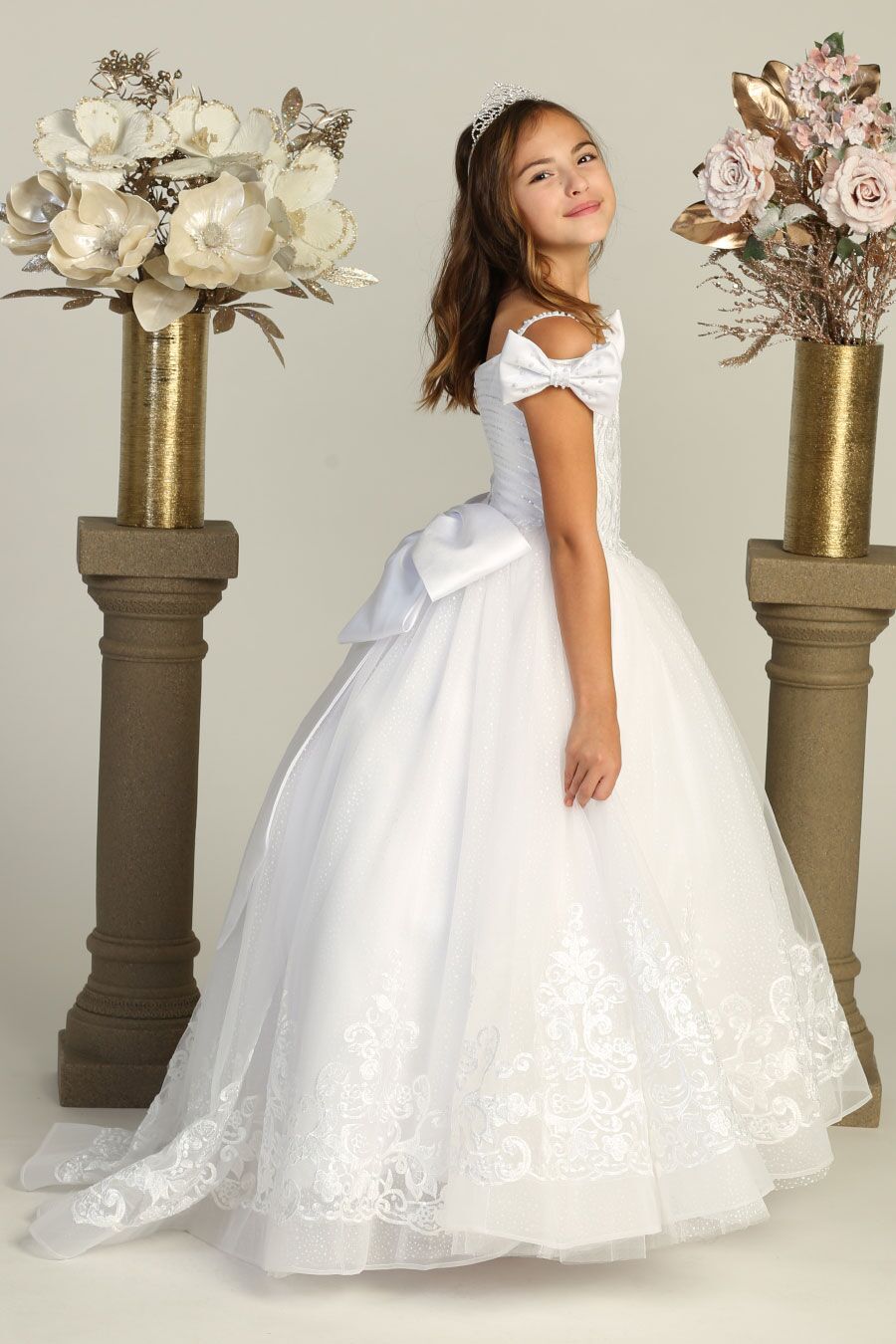 CA630 White Ballgown with train embellished with small sequins - Image 5