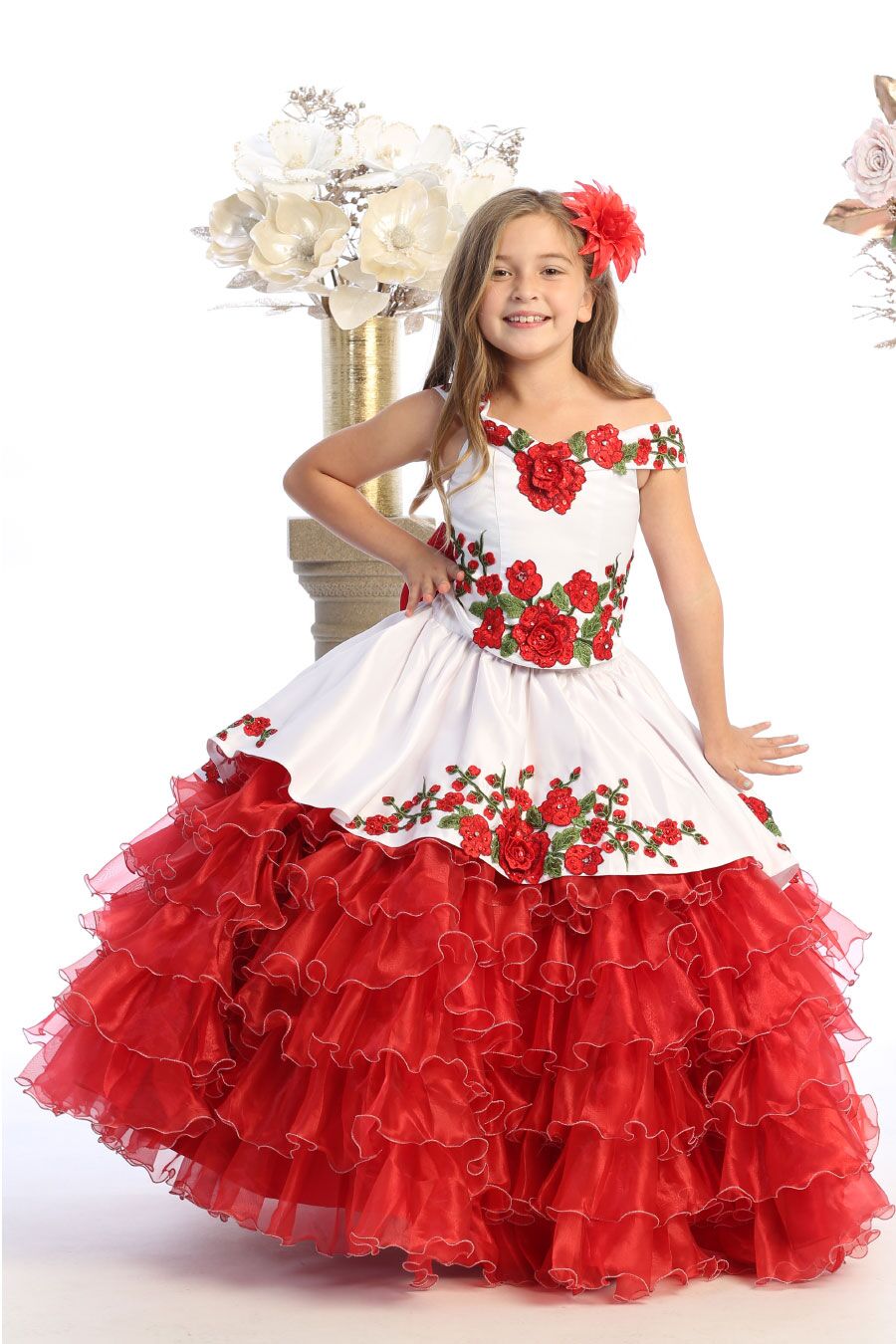 Bijan kids charro dress in white with red flowers embellished with rhinestones