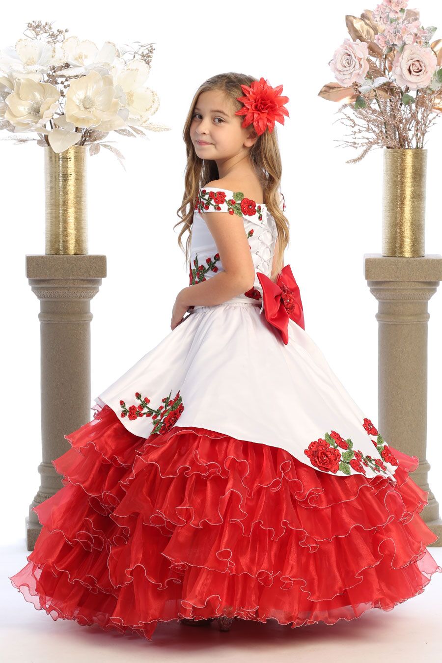 Bijan kids charro dress in white with red flowers embellished with rhinestones