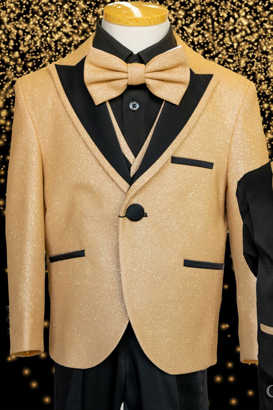 Boy's gold glitter suit 5 piece set with Coat, vest, pants, shirt, and bow tie