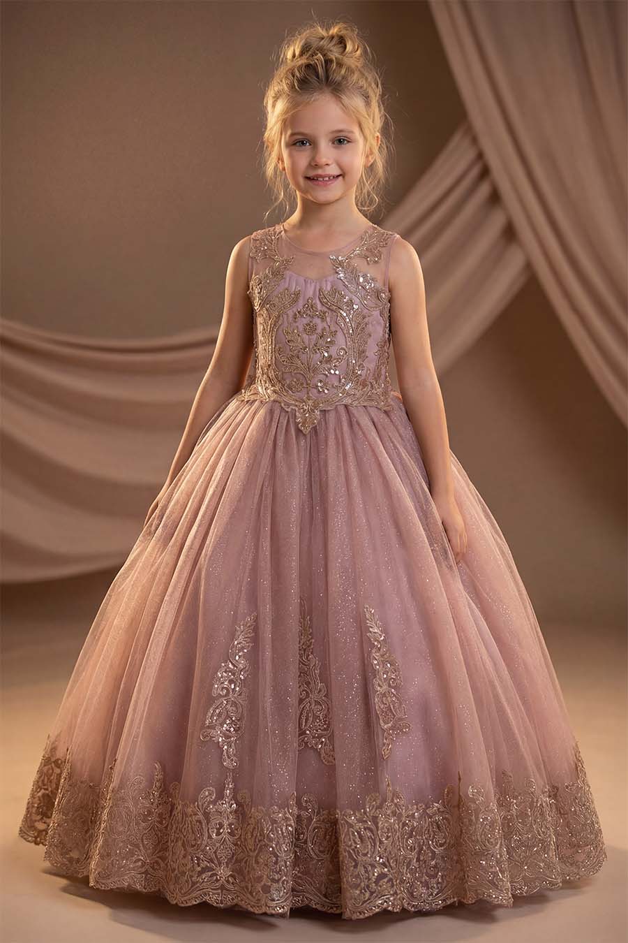 9028 Mocha ballgown with vintage gold embroidery - Image 3