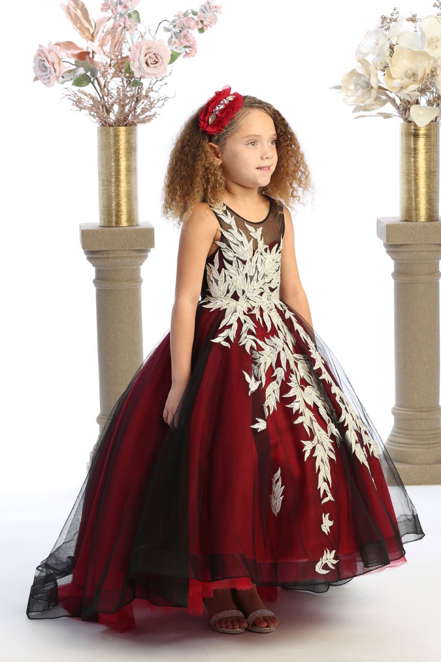 burgundy and black dress with champagne leaves and buttoned back